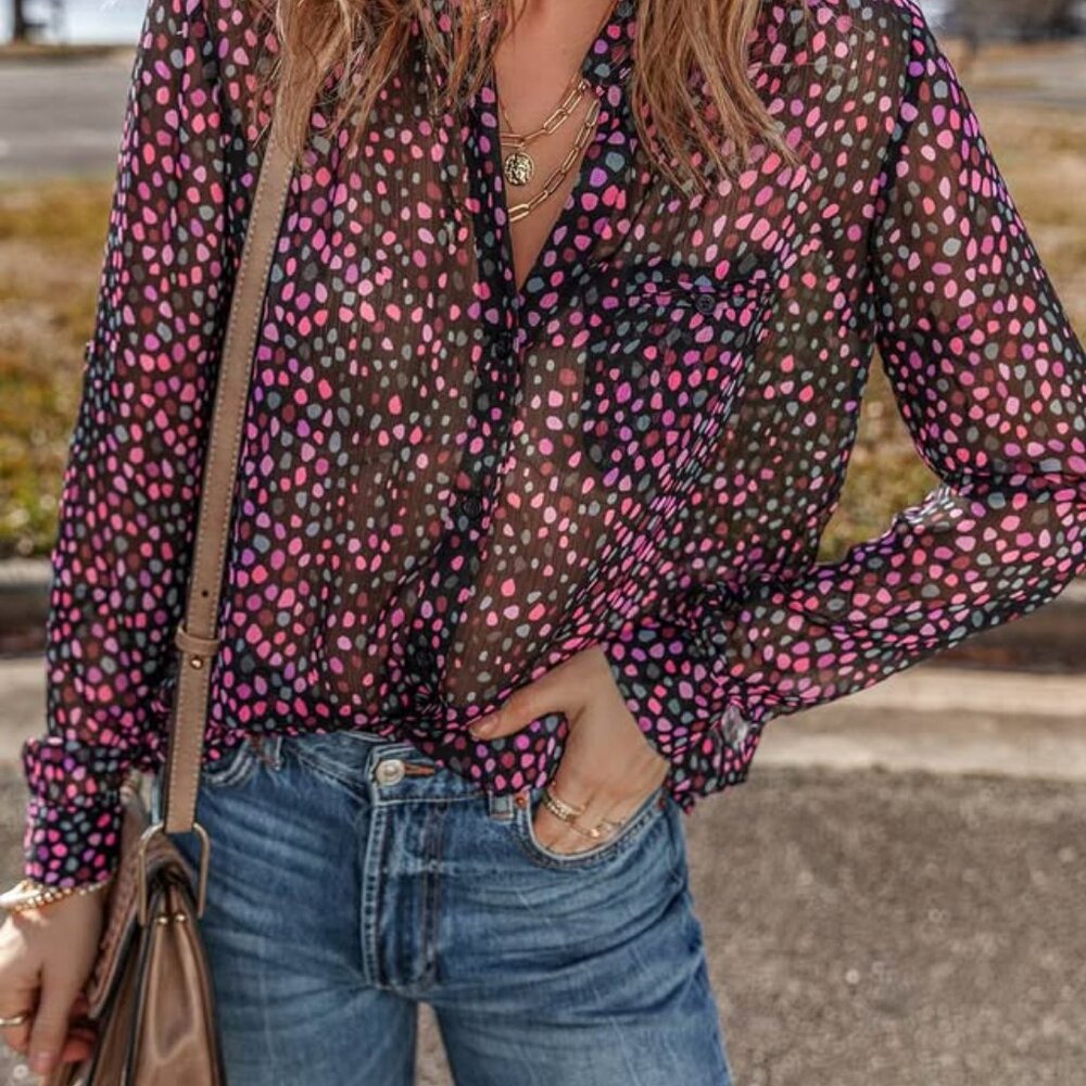 Polka Dot Printed Sheer Buttoned Casual Shirt size L